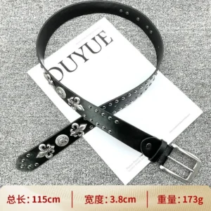 Stylish Black Leather Belt with Fleur-de-Lis Accents