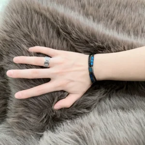Black Leather Bracelet  Blue Beads