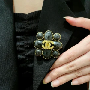 Chanel Flower Brooch Black Stones