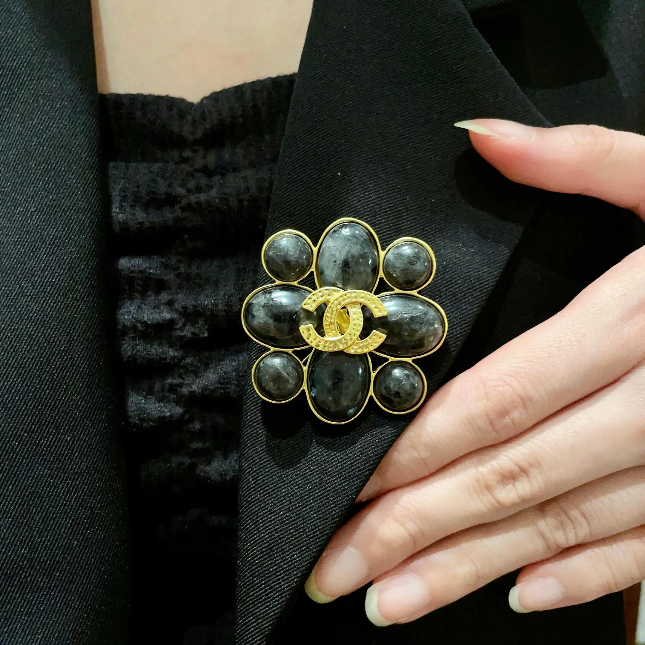 Chanel Flower Brooch  Black Stones