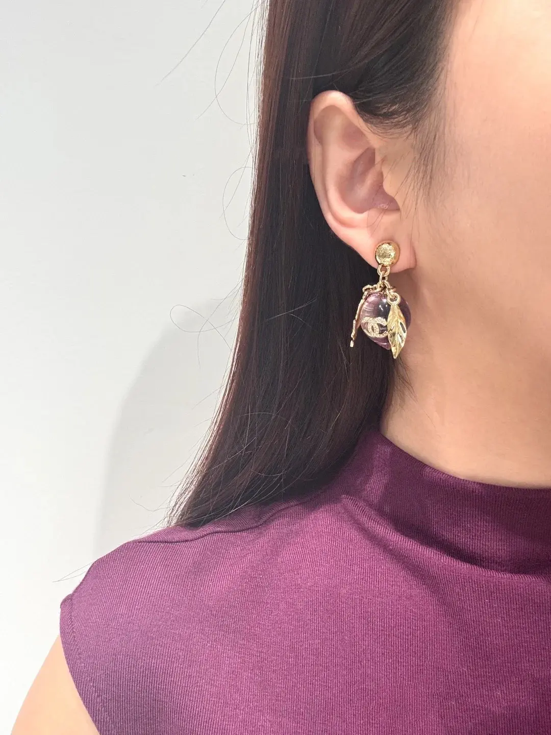 Chanel Purple Drop Earrings with Gold