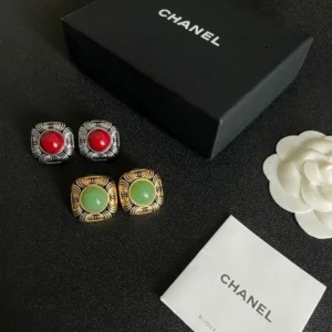 Chanel Square Stud Earrings with Red