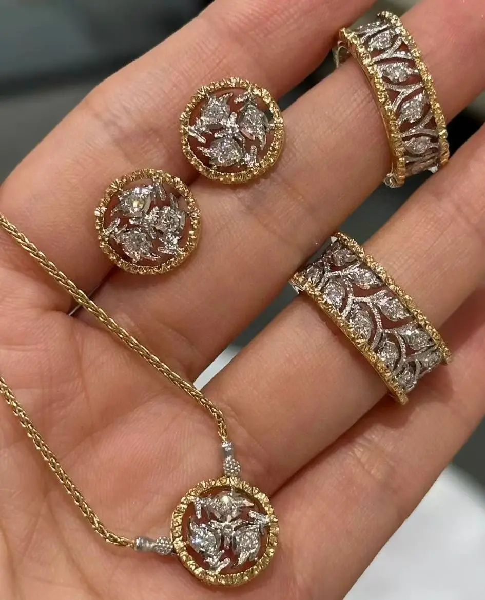Golden Leaf Pattern Diamond Earrings