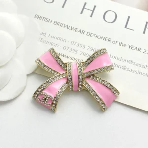 Pink Enamel Bow Brooch Crystal Accents
